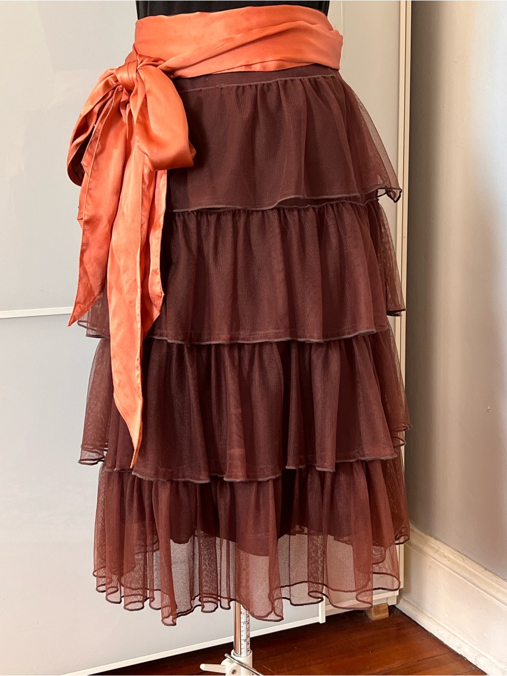 NAK | Anthropologie Tiered Brown Tulle Midi Skirt with Coral Sash